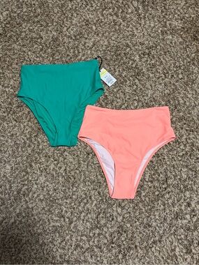 High-Waist Bikini Bottoms - Teal & Coral